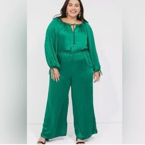 Lane Bryant Jumpsuit Womens Size 18 Green Satin Wide Leg Stretch Holiday Wedding